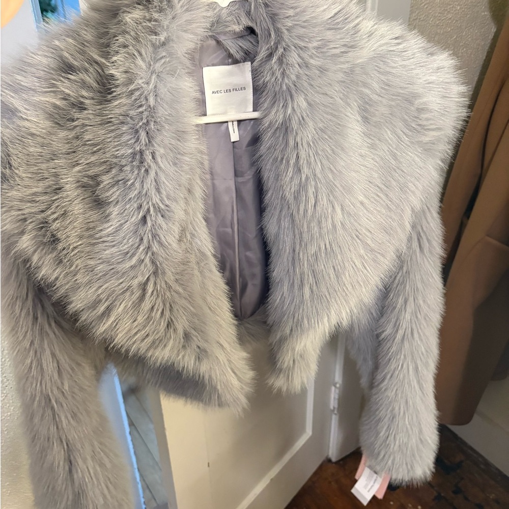 Avec Les Filles Light Gray Faux Fur Teddy Jacket
